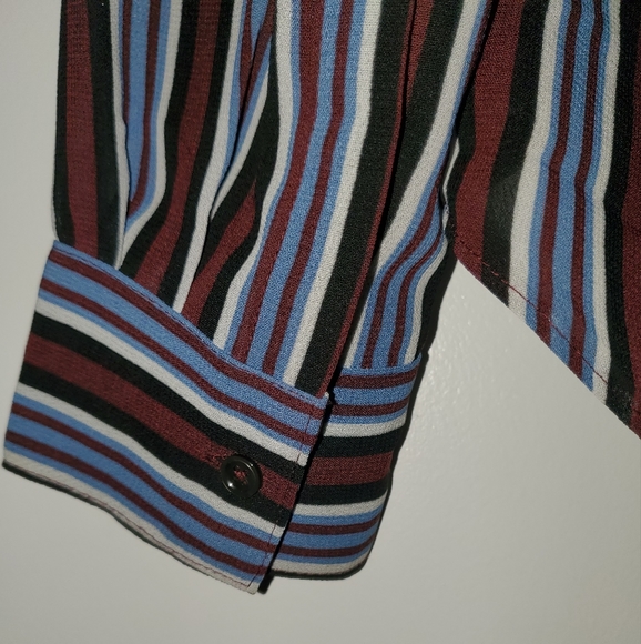 NANETTE SHEER STRIPED BURGUNDY BLUE WHITE AND BLACK CHEVRON BLOUSE - Picture 4 of 5
